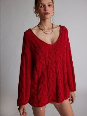 BDG Red Cable-Knit V-Neck Sweater